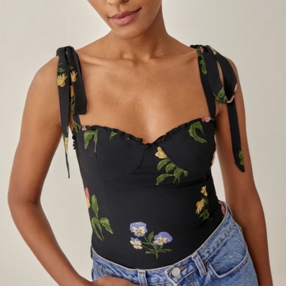 Black Floral Tie-Shoulder Bustier Top